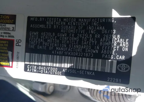 2013 Toyota Camry Le из США, поврежденный, VIN 4T4BF1FKXDR321873